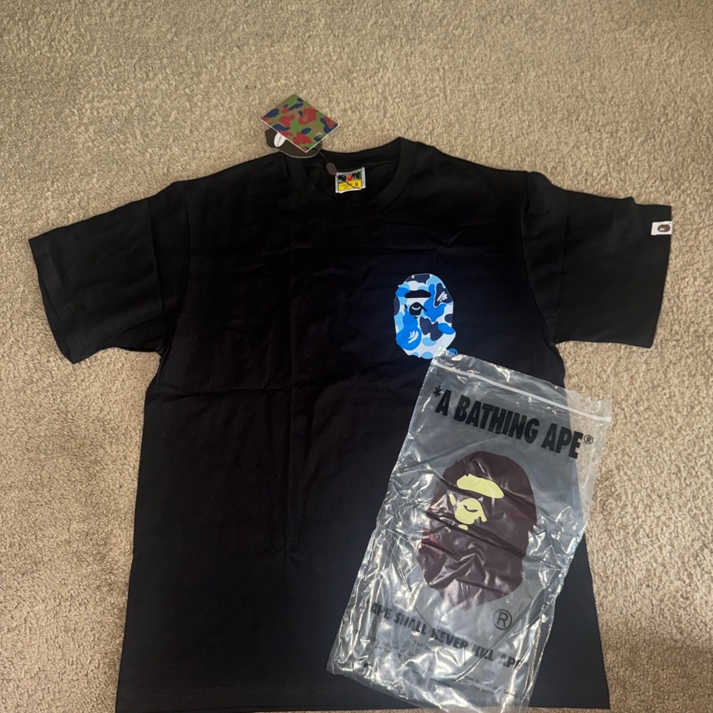 A Bathing Ape Black T-Shirt with Blue Camo Logo